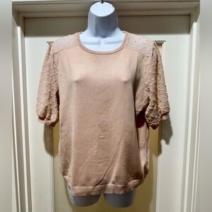 Adrianna Papell Blush Pink Sweater Top L Sheer Textured Sleeve Knit Blouse